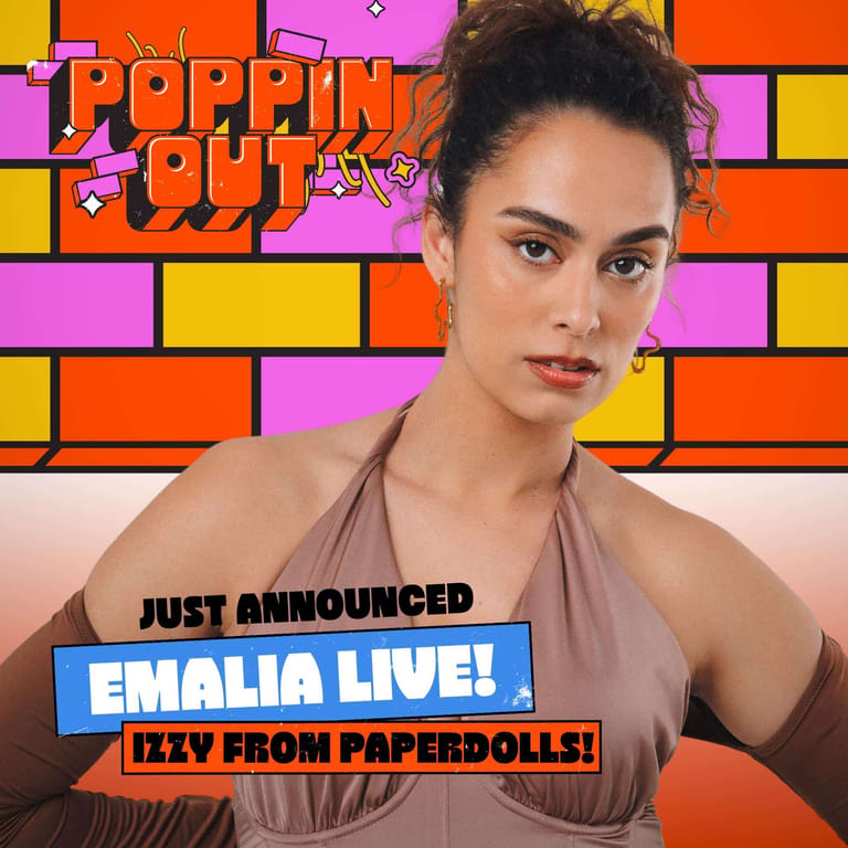 Woman in taupe halter top poses before colourful geometric backdrop with "Poppin' Off" and announcement graphics.
