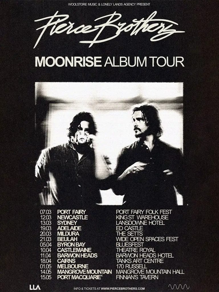 Two men in dark clothing face each other against a pale backdrop on the Pierce Brothers Moonrise Album Tour poster.