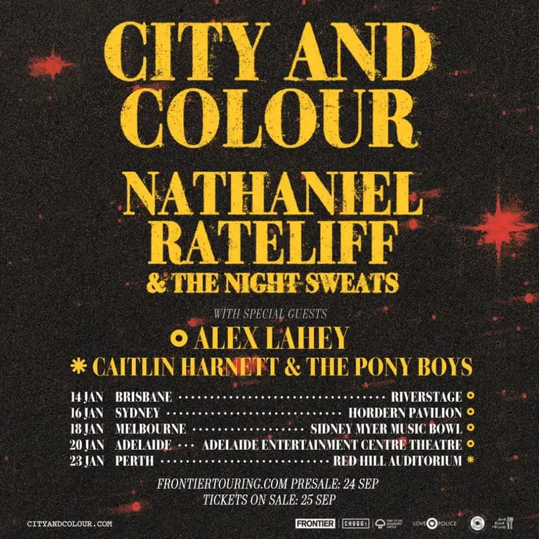 Concert poster for Nathaniel Rateliff & The Night Sweats tour with gold text and red splatter effects on dark background.