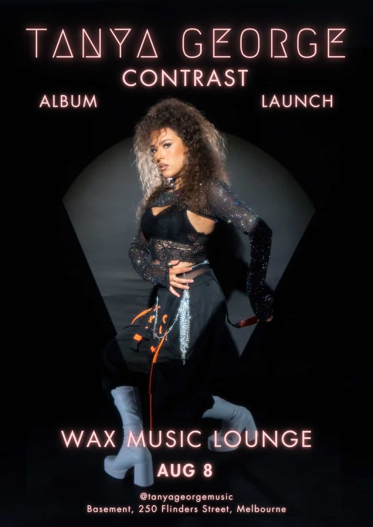 Singer in black sequinned outfit holding guitar, posed against geometric backdrop for album launch promotion.