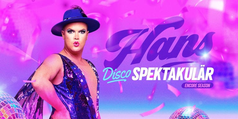 Performer in sequined purple outfit and fedora hat against vibrant pink and blue backdrop with "Flans Disco Spektakulär" text.