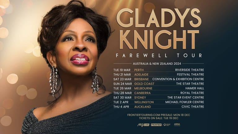 Woman with dark hair and pink lipstick against warm-toned bokeh background with "Gladys Knight Farewell Tour" text and venue listings.