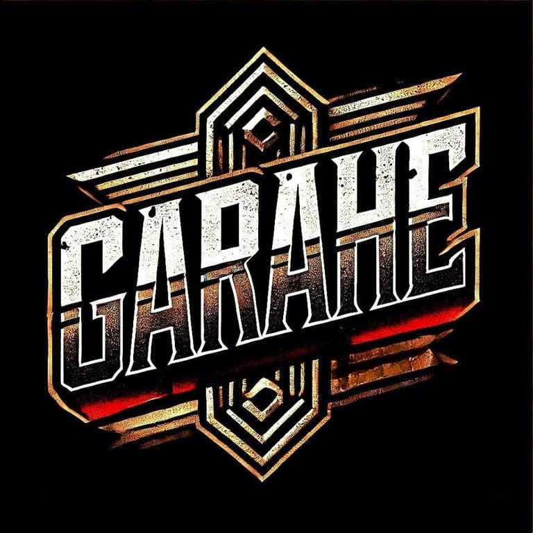 Garage Gamane logo featuring geometric art-deco styling in gold, white and red lettering on black background.