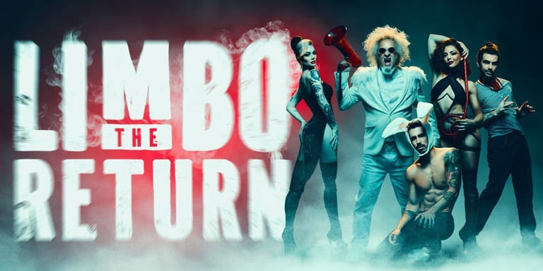 Cast members in theatrical costumes stand amid blue stage lighting beneath "Limbo The Return" text.