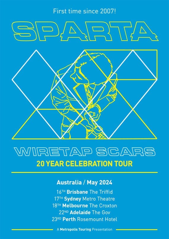 Sparta and Wiretaps Scars reunion tour poster with geometric line art design on bright blue background.