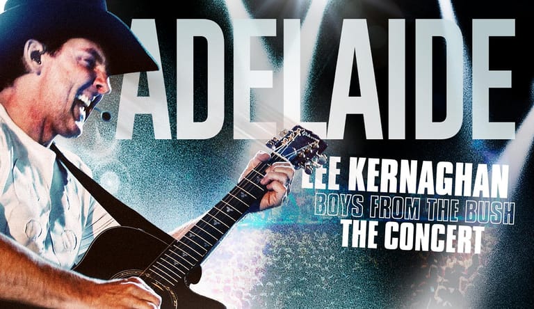 Guitarist holding a black electric guitar, smiling mid-performance with "Adelaide" text and concert promotional graphics overlaid.