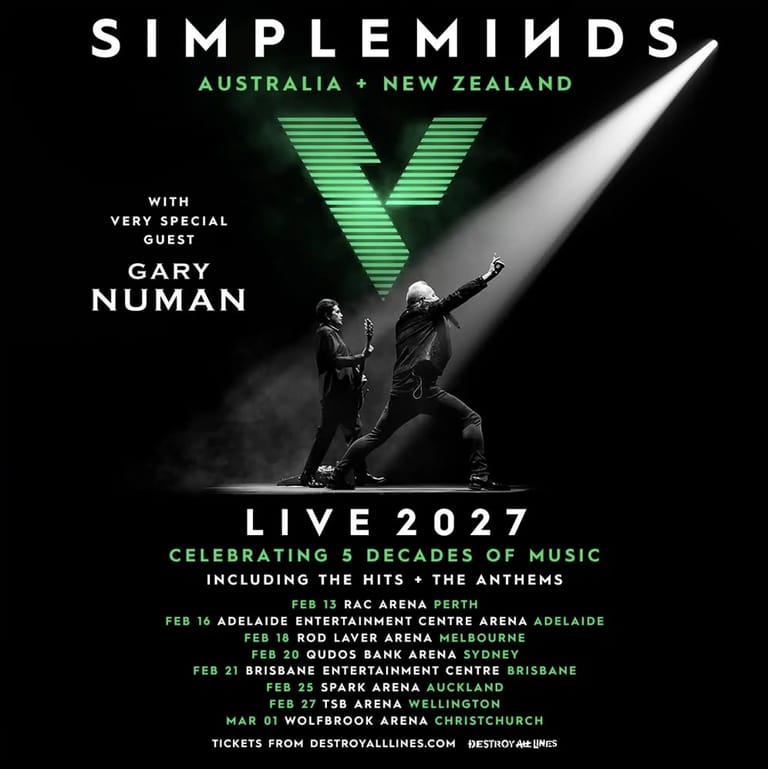 Two performers on stage under a dramatic spotlight during Simple Minds' Australia and New Zealand Live 2027 tour.