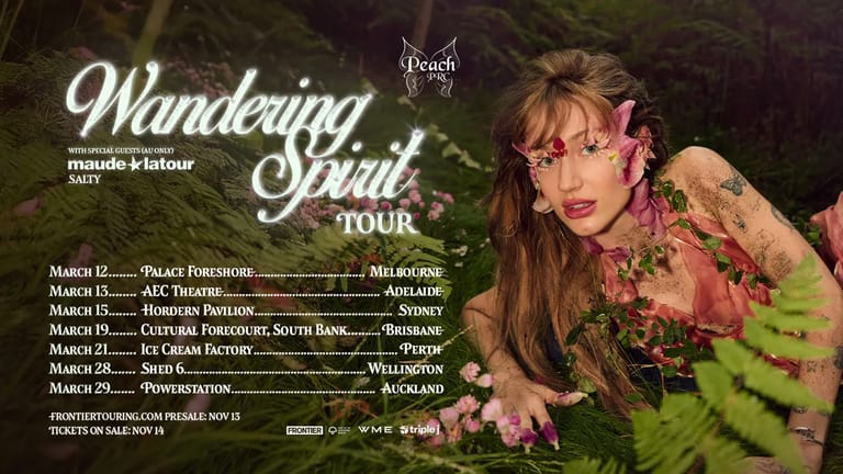Performer with styled hair and glasses poses among foliage for a tour promotional graphic listing multiple Australian venues and dates.