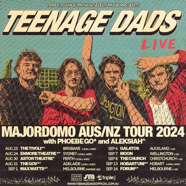 Four band members posed against a turquoise backdrop for the Teenage Dads Major Domo Aus/NZ Tour 2024 promotional poster.