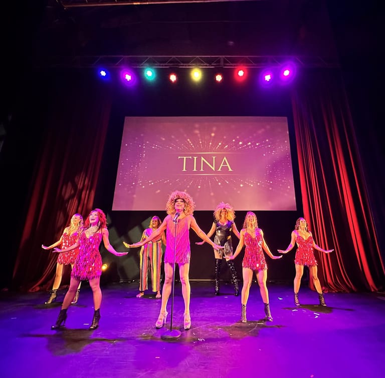 Performers in vibrant pink and gold costumes dance across a purple-lit stage beneath a projection screen reading "TINA".