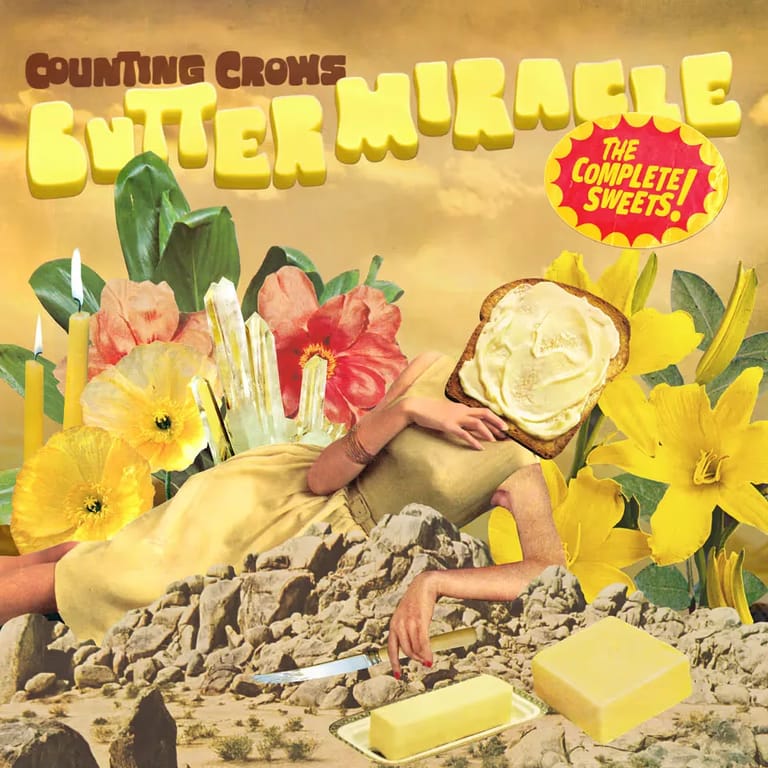 A figure with a butter-like head surrounded by flowers and melting butter in a surreal, collaged landscape.