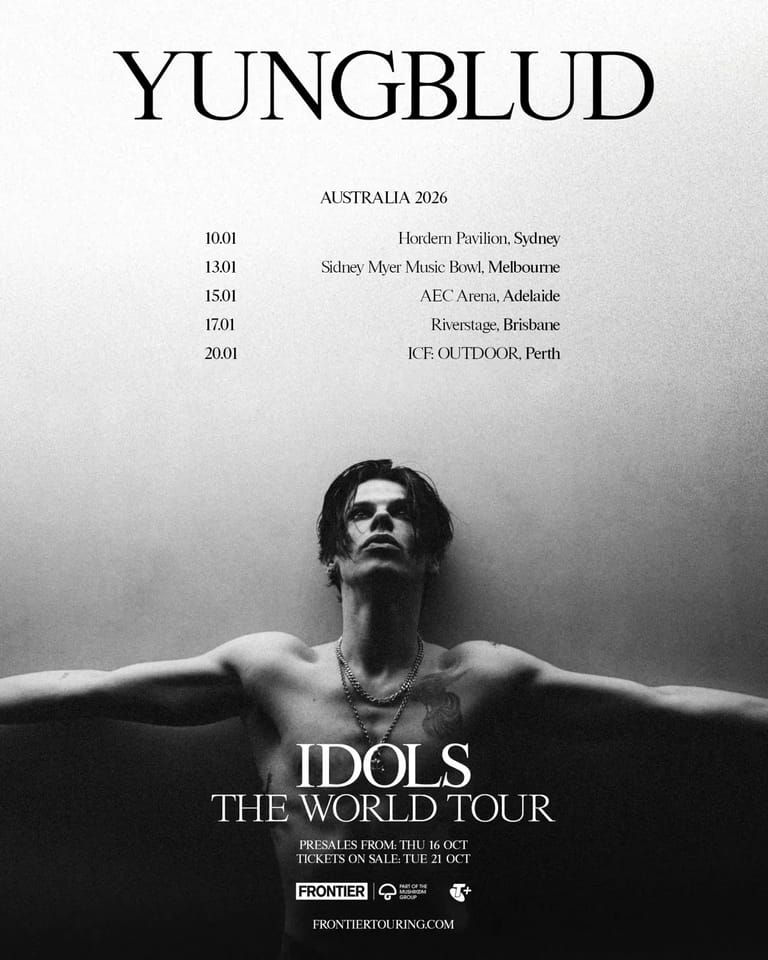Shirtless man with arms outstretched gazing upward, Yungblud tour poster for Australian dates.
