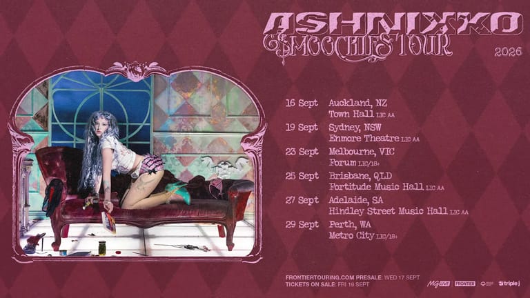 Performer in dark outfit reclining on stage with neon geometric backdrop during tour promotional graphic.