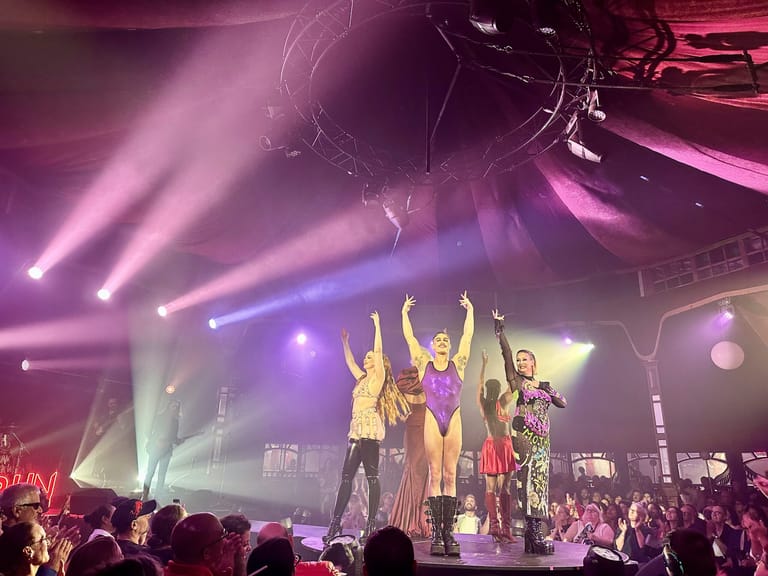 Performers in colourful costumes stand on stage under purple and pink spotlights during a kabarett show.