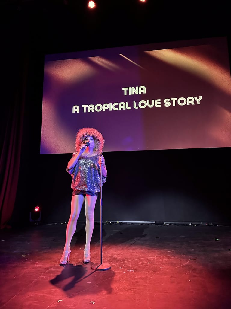 Performer in shimmering outfit at microphone, stage lit in red and purple, projection screen behind displaying show title.