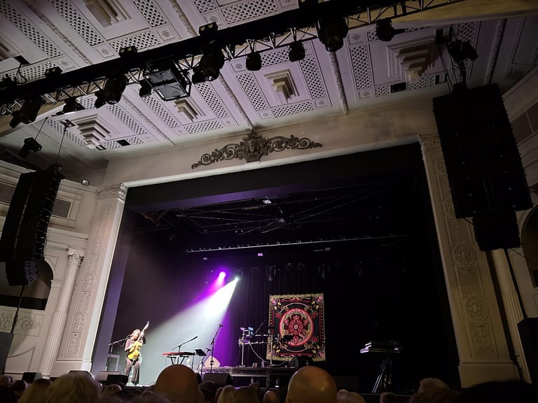 Performer silhouetted on stage bathed in purple spotlights, with band and backdrop visible in an ornate theatre.