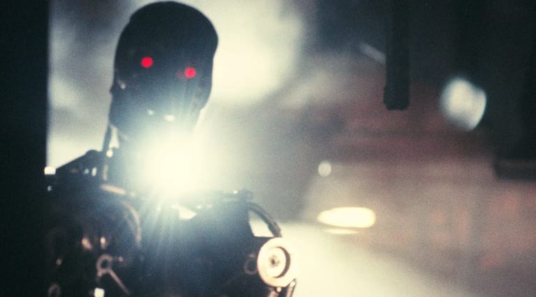 Motorcycle rider illuminated by bright headlight in moody, atmospheric nighttime scene.