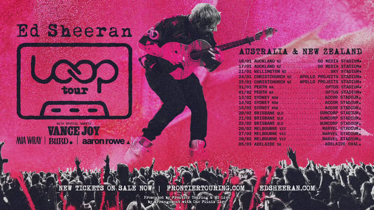 Ed Sheeran performing guitar against pink background with tour dates listed and crowd silhouettes below.