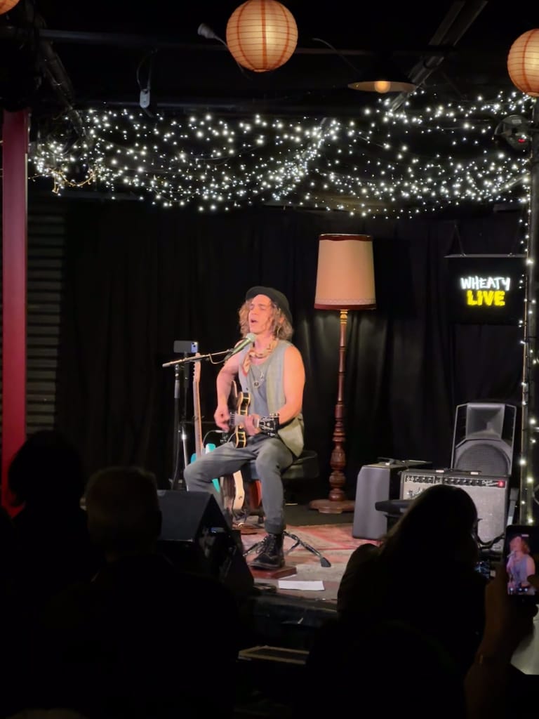 Musician with blonde hair playing guitar at microphone on intimate stage lit by fairy lights and lanterns, with audience silhouettes in foreground.