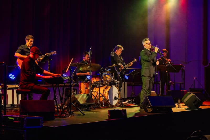 Four musicians perform on stage under colourful lighting, with guitarist, drummer, keyboardist and vocalist in olive-green suit.