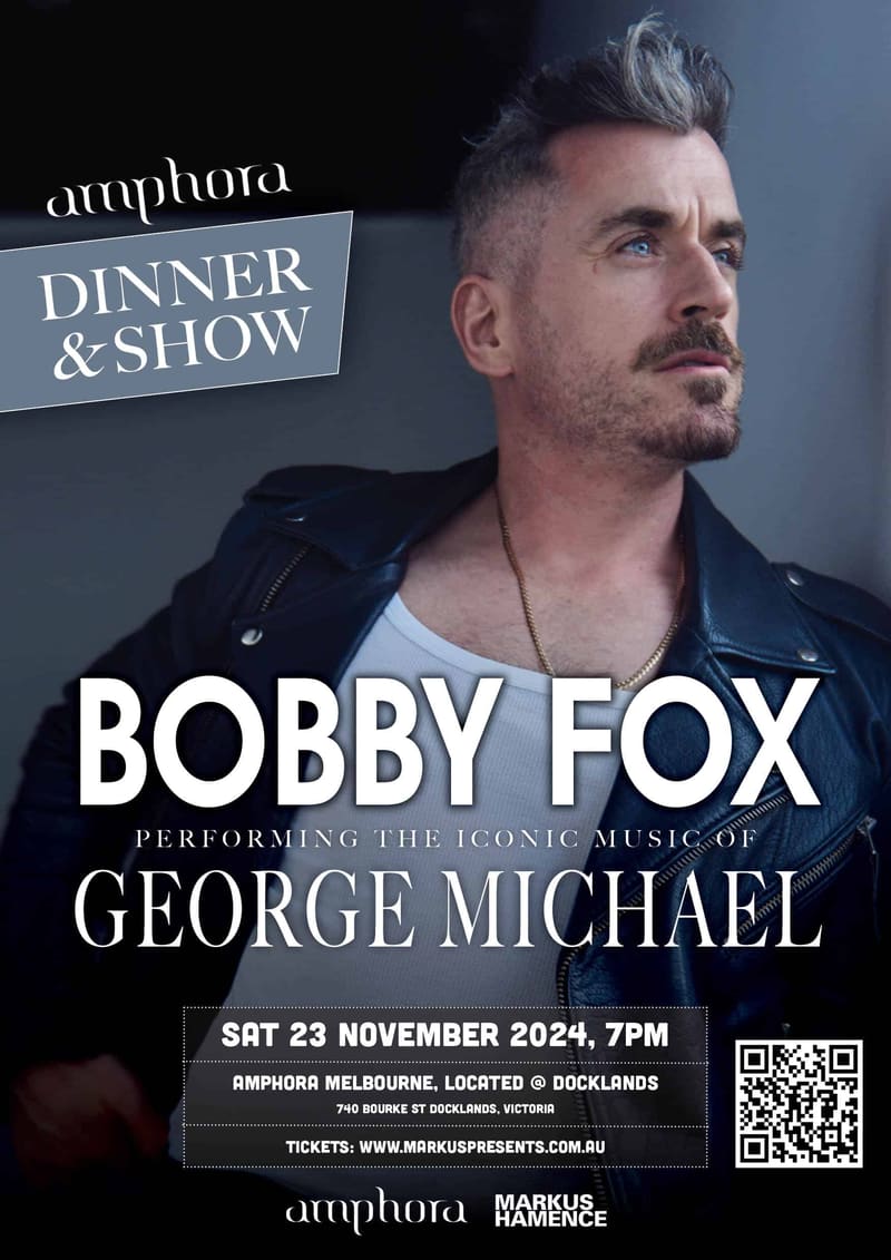 Man with styled dark hair in black jacket gazes to the side against grey background; promotional poster for George Michael tribute dinner show.
