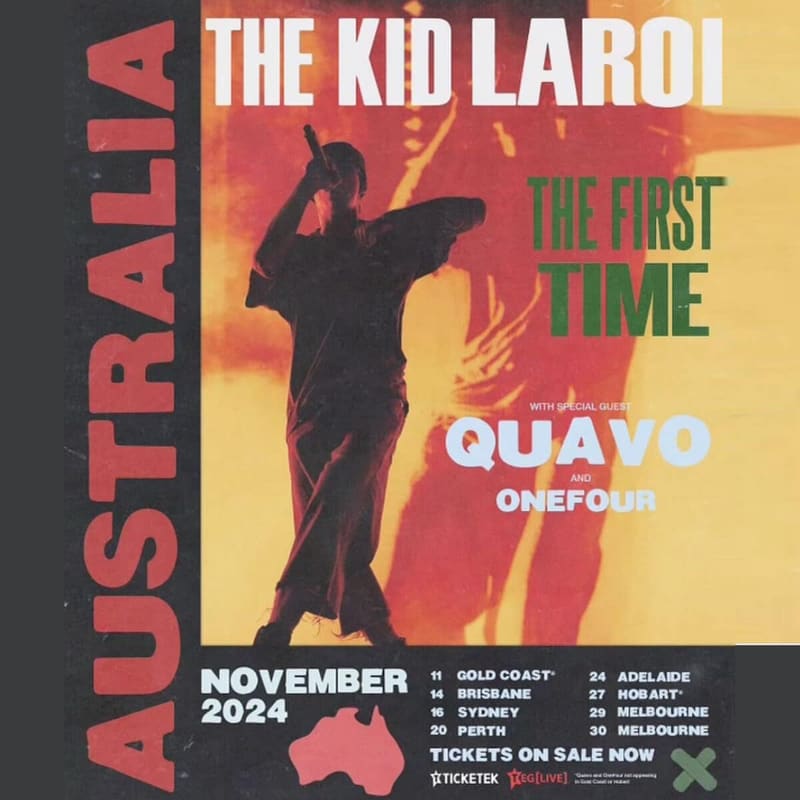 Silhouetted performer with microphone against warm red and yellow gradient backdrop on concert tour poster.