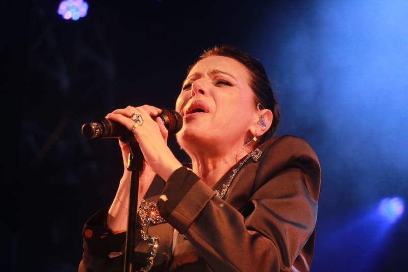 Singer performing at microphone under blue stage lighting, wearing brown jacket and jewellery.