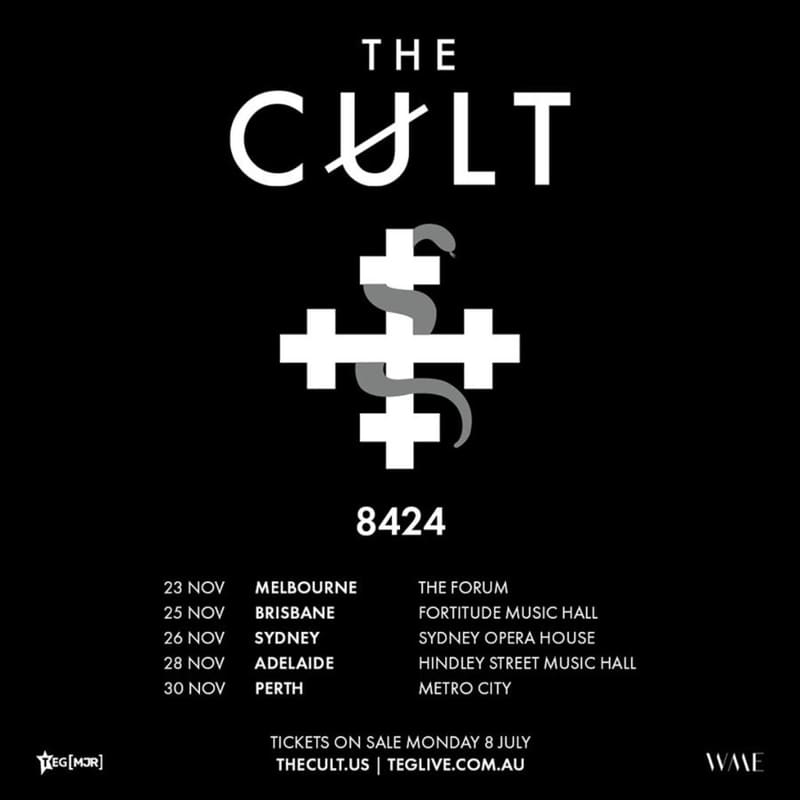 White text and stylised cross symbol on black background advertising The Cult's Australian tour dates in November.