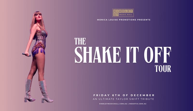 Performer in sparkly pink outfit and boots strikes a pose against purple gradient backdrop for Shake It Off Tour tribute show.