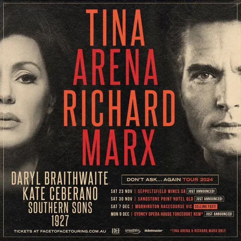 Black and white portraits of two performers flank red text reading "Tina Arena" and "Richard Marx" above tour dates and venue information.