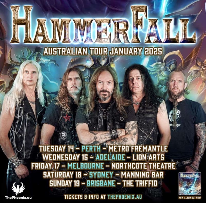 Five members of heavy metal band Hammerfall pose against a dramatic fantasy backdrop, promoting their Australian tour dates in January 2025.