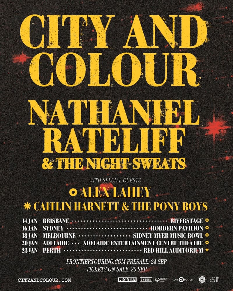 Gold text on dark background advertising "City and Colour" and "Nathaniel Rateliff & The Night Sweats" tour dates across Australian cities.