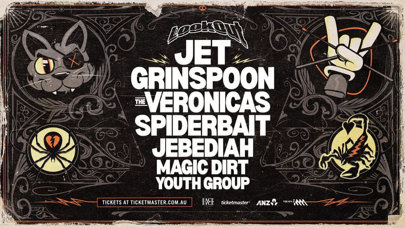 Black and gold poster featuring band names including Jet, Grimsoon, The Veronicas, Spiderbait, Jebediah, Magic Dirt and Youth Group with ornamental decorative elements.
