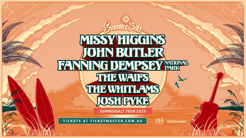 Summer Sounds festival poster featuring Missy Higgins, John Butler, and other performers against warm orange desert landscape.