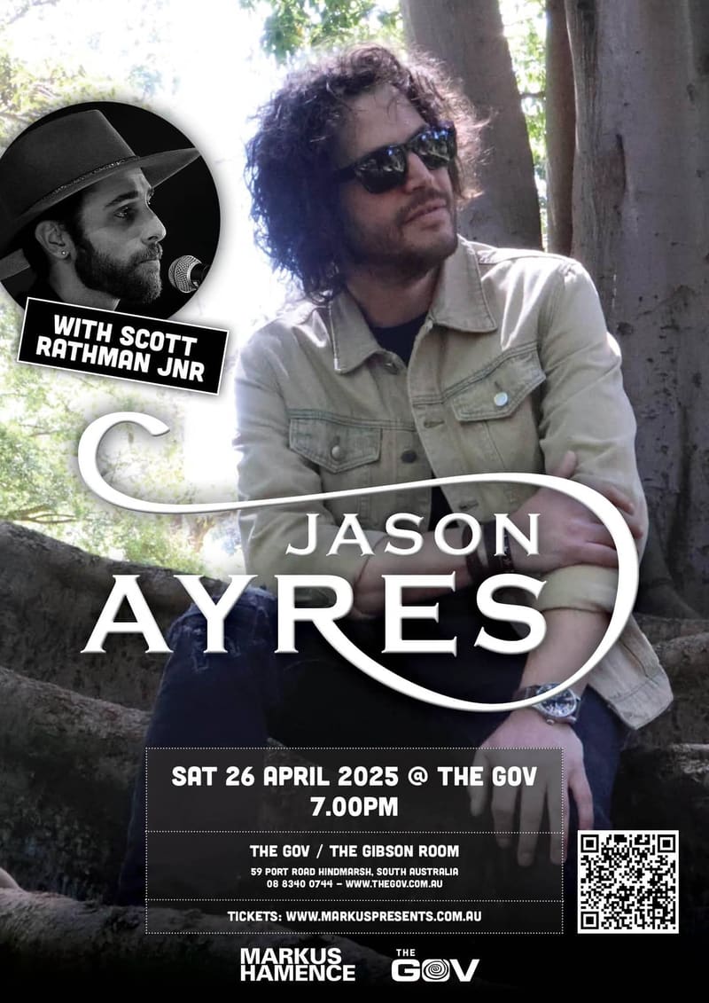 Man with curly hair and sunglasses wearing a light shirt stands outdoors beneath trees, promotional poster for Jason Ayres performance.