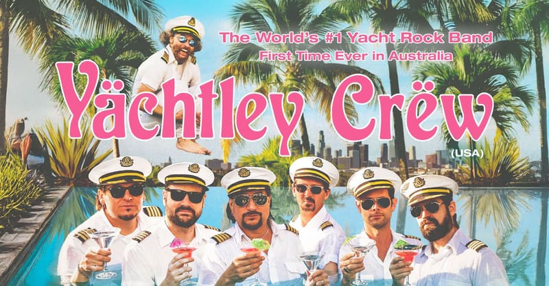 Five performers in white suits and straw hats hold drinks against a tropical poolside backdrop with palm trees.