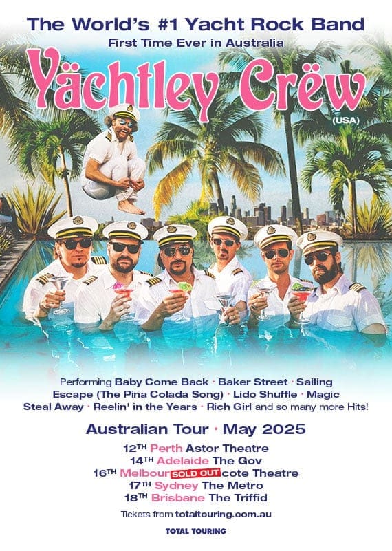 Yachtley Crew band members in white nautical uniforms with captain's hats, holding drinks against a tropical beach backdrop with palm trees.