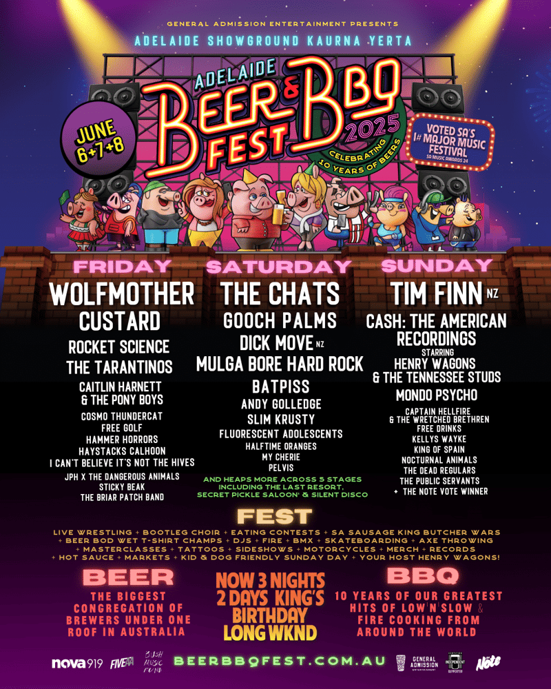 Colourful promotional poster for Adelaide Beer & BBQ Fest 2025 featuring cartoon characters, band names, and event details against a purple starlit background.