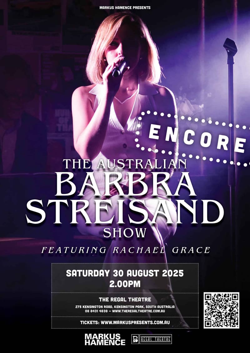 Performer in blonde hair and dark outfit singing at microphone under purple stage lighting, with "Encore" marquee sign behind.