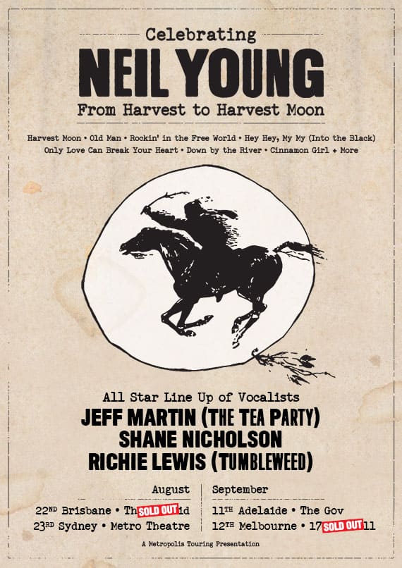 Vintage poster for Neil Young tribute concert featuring silhouette of horse and rider in circle, cream background, tour dates listed below.