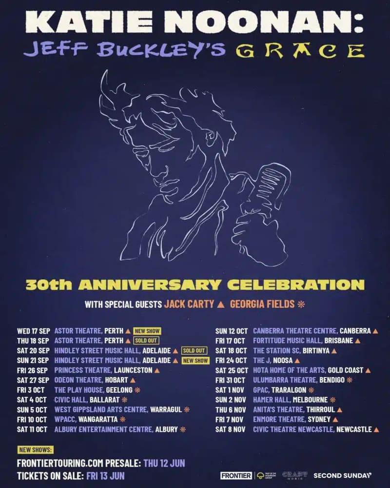 White line-drawn portrait of a person holding a microphone on dark blue background with yellow and white text announcing a 30th anniversary tour.