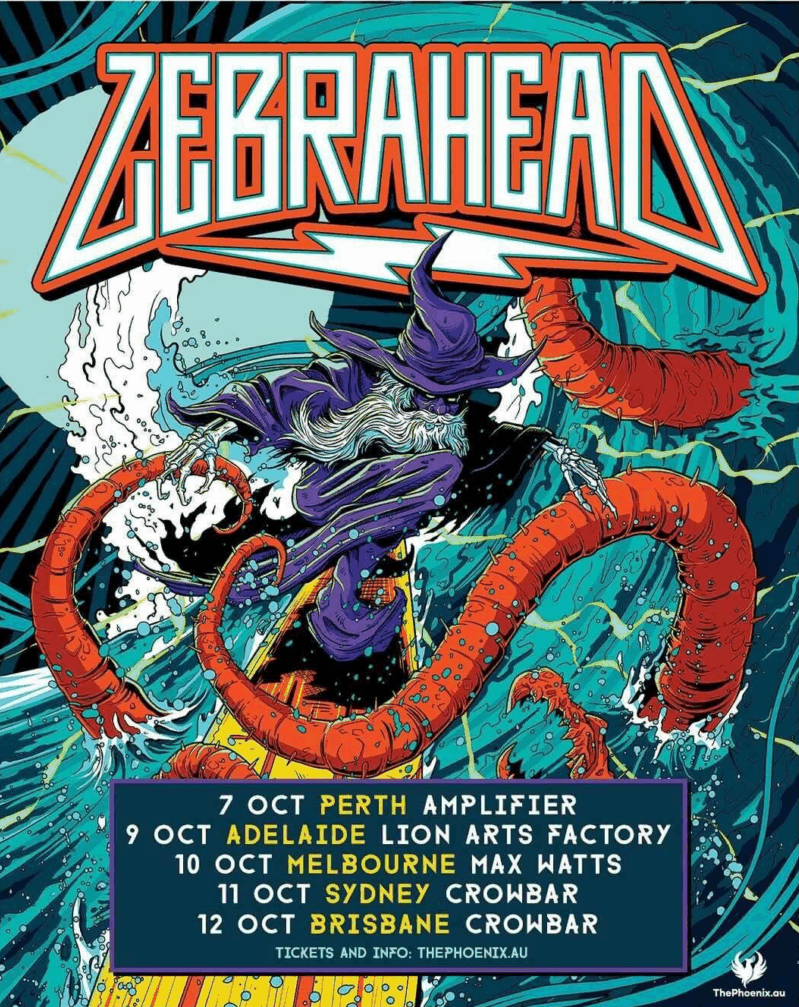 Zebra Head band poster featuring a stylised figure amid red tentacles and turquoise abstract elements with tour dates listed below.