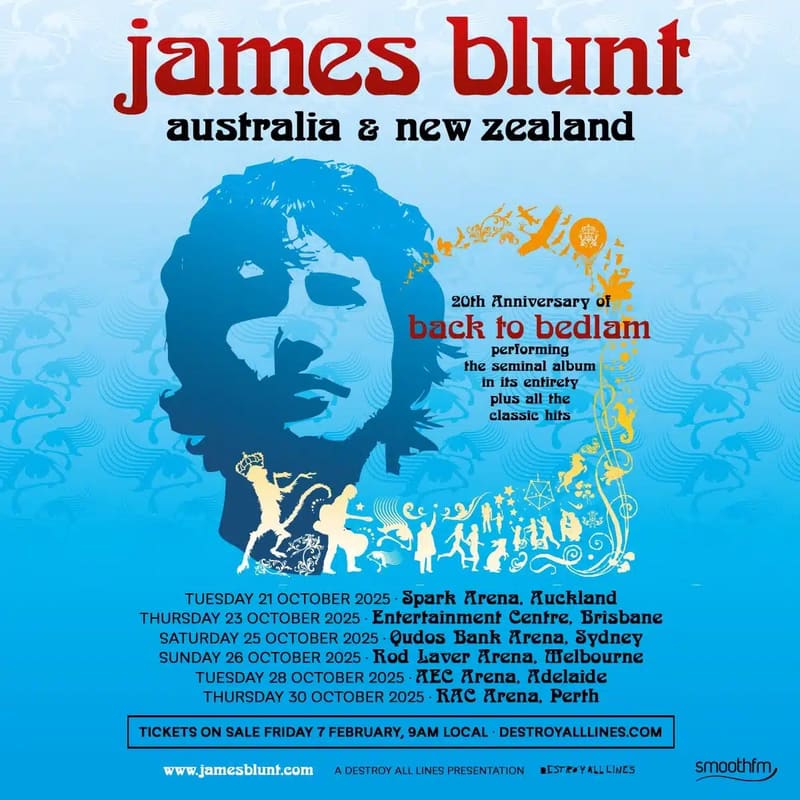 Concert tour poster for James Blunt's Australia and New Zealand dates with blue silhouette portrait and event details.