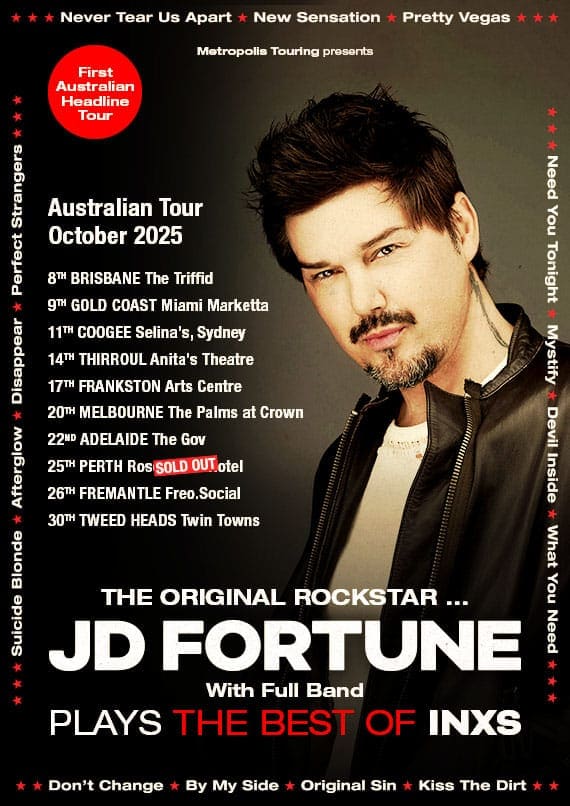 JD Fortune, bearded man in black leather jacket, faces camera against tour poster listing Australian dates October 2025.