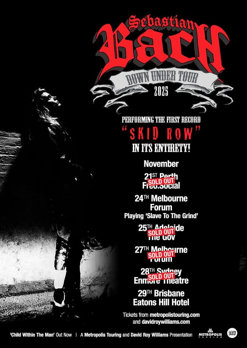 Sebastian Bach tour poster featuring red gothic lettering, tour dates across Australian cities, and a monochrome silhouette of the performer on the left.