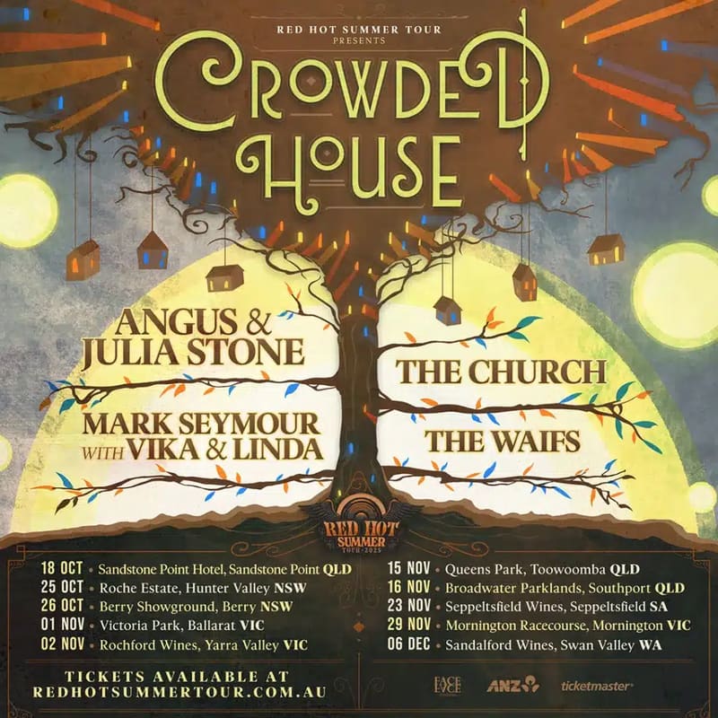 Crowded House Red Hot Summer Tour poster featuring band name in gold lettering with supporting artists' names on an illustrated open book design.