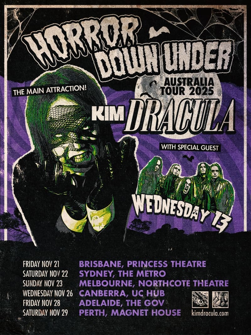 Horror Down Under Australia tour poster featuring Kim Dracula in green skeletal makeup against purple and black background.