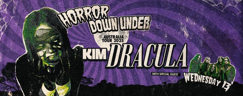 Horror Down Under festival poster featuring Kim Dracula with purple-tinted zombie imagery and white text overlay.