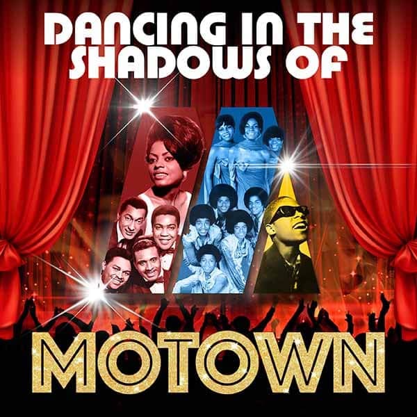 Vintage Motown performers and silhouetted dancers displayed against red theatre curtains and dramatic lighting.