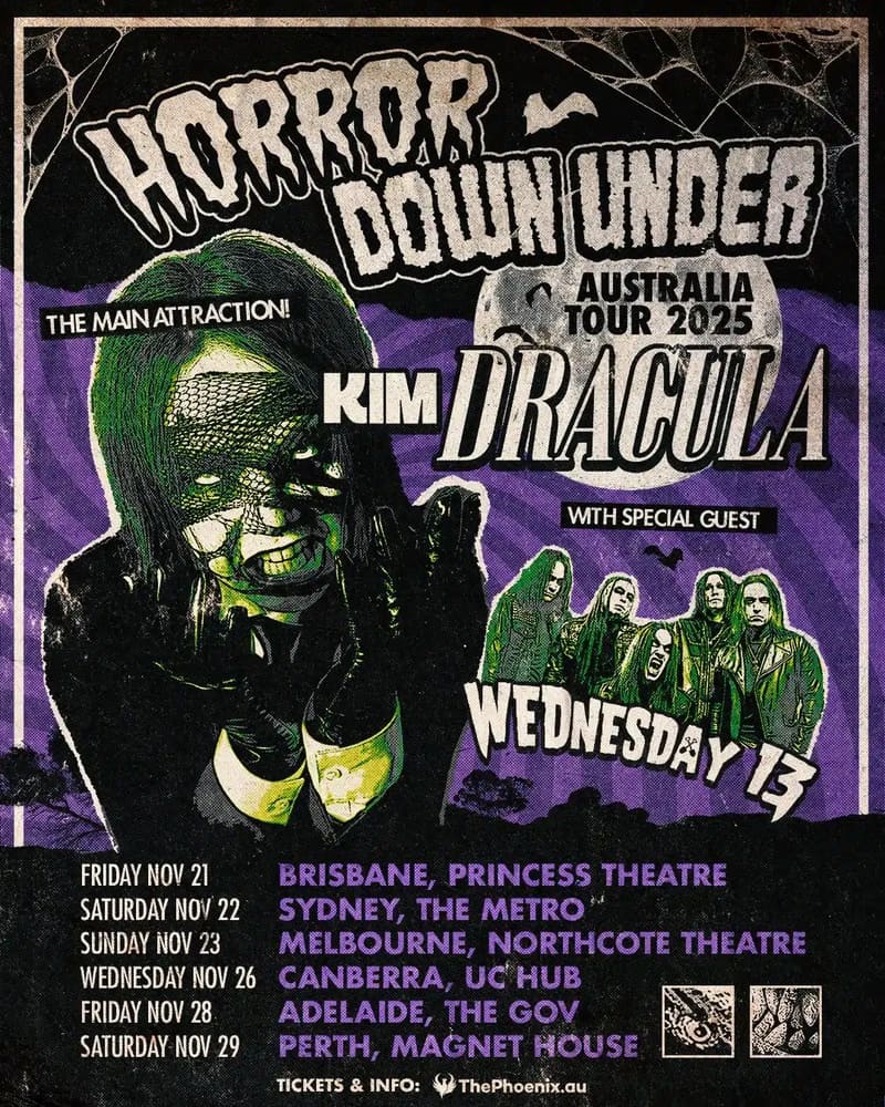Horror Down Under Australia Tour 2025 poster featuring green-lit performer with mesh face covering and purple tour date typography.